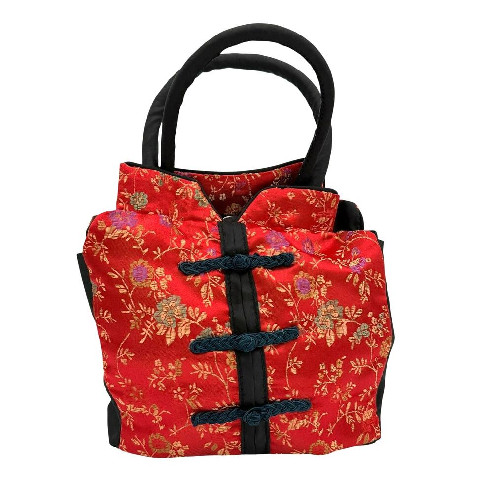 Red Floral Brocade Mini Handbag Frog Closure Top Handle 90s & Asian Inspired